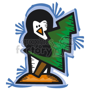 Penguin Holding a Green Christmas Tree Outlined in Blue clipart. Royalty-free image # 143490