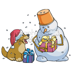 Snowman Holding a Present with Dog in the Snow