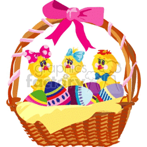 Three Cute Baby Chicks in basket with Decorated Easter Eggs clipart.