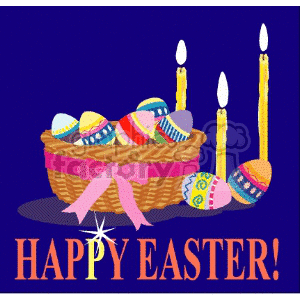clipart - Happy Easter Card with basket of eggs and candles.