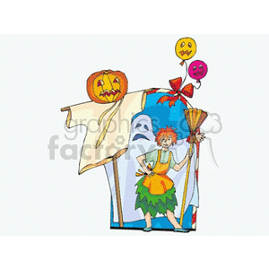 Pumpkin scarecrow with lady holding a broom clipart.