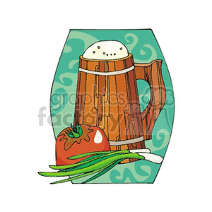 Wooden mug of beer with tomato and green onions clipart. Royalty-free image # 145336