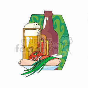 Mug of foaming beer with hot dog on a plate and bottle of beer clipart. Royalty-free image # 145344