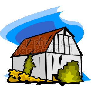 An Old Wooden White Washed Barn Surrounded By Shrubs clipart.