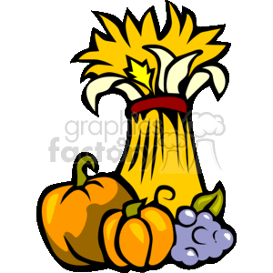 A Tied Bunch of Wheat Sitting Next to Some Pumpkins and a Bunch of Grapes clipart.