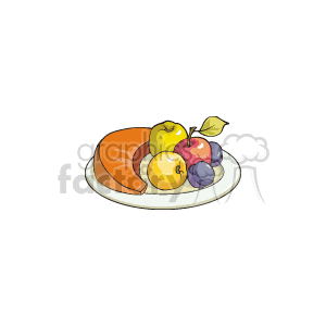 The image is a clipart illustration featuring a plate with various fruits on it. The fruits include a green apple, a red apple, yellow fruit which might be interpreted as another apple or a quince, and what appears to be plums or similarly shaped purple fruits. The plate and its contents are typically associated with a bountiful harvest and could be part of a Thanksgiving celebration where fruits are often included in the spread for their symbolism of abundance and gratitude.