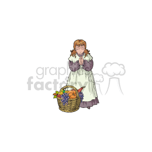 clipart - small girl giving thanks for her basket of food.