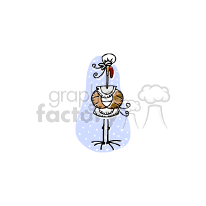The image is a whimsical cartoon depiction of a turkey wearing a cook's hat. The turkey appears to be in a festive mood typically associated with Thanksgiving. It reflects the holiday spirit and the idea of food and dinner that is central to Thanksgiving celebrations. It's a playful take on the bird that is often at the center of the Thanksgiving meal.