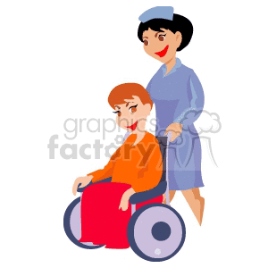 clipart - A Happy Nurse Helping a Patient in a Wheelchair.