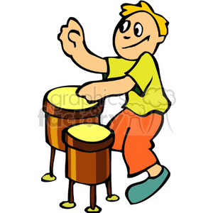 Little boy in orange shorts playing the bongo drums