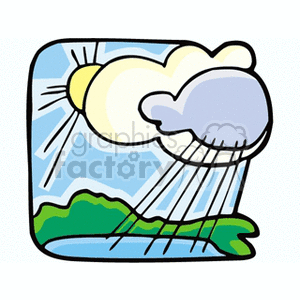 Summer sky with sun and a rain cloud raining over a pond clipart. Commercial use image # 152715