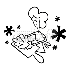 The clipart image depicts a stylized individual who appears to be chopping vegetables on a cutting board. The image has a simple, cartoon-like line drawing style, with asterisk-like shapes that may represent splashes or perhaps spices being scattered, although their exact meaning is open to interpretation due to the abstract nature of the drawing.