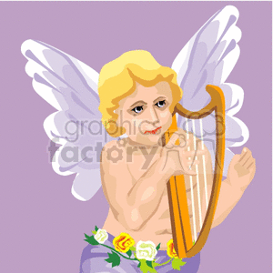 An Angel with a Purple Sash and Flowers Playing a Harp clipart. Commercial use image # 156231