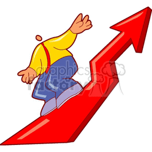 A Man with Blue Pants Yellow Shirt and Red Tie Riding on an Up Arrow clipart. Commercial use image # 156599