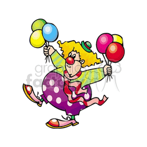 A Fat Funny Clown Wearing a Purple Polkadot pants Holding some Colorful Balloons  clipart. Royalty-free image # 156678