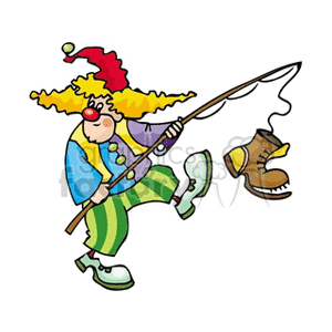 A Silly Clown With a Red Hat Holding a Fishing Pole with a Old Boot in the end clipart.