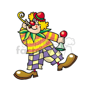 A Clown Wearing Big Brown Shoes Having a Party Holding a Horn clipart. Commercial use image # 156684