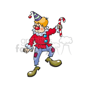 A Clown Wearing Patched Clothes and a Cone Hat Holding a Candy Cane clipart. Royalty-free image # 156692