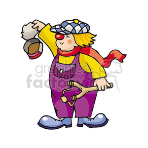 A Plump Clown Holding a Empty Tuna Can and a Slingshot clipart.