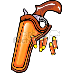 A Leather Gun Holster Holding a Gun with a Wooden Grip and Amo Sitting Next to it clipart. Royalty-free image # 156814