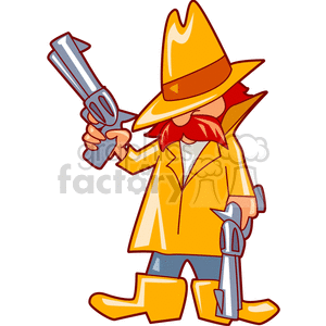 clipart - A Cowboy with His Head Down Holding a Gun in the Air and one to the Ground.