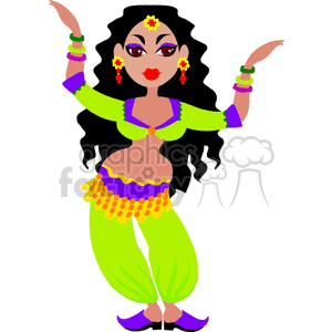 clipart - A Woman With Long Black Hair and a Lime Green Costume Belly Dancing.