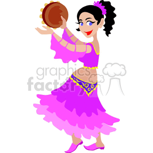 clipart - A Spanish Woman in Hot Pink Dancing and Shaking a Tambourine .