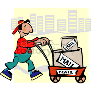 A Man Pushing a Mail Cart Holding Two Boxes Marked Mail clipart.