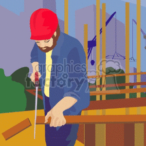 A Construction Worker Cutting a Piece of wood on a the job clipart. Commercial use image # 156984
