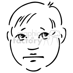 The image is a simple black and white line drawing of a person's face. It features the basic elements such as eyes, eyebrows, a nose, ears, and a mouth. The lines are minimalistic, without any shading or detail, which is characteristic of clipart style.