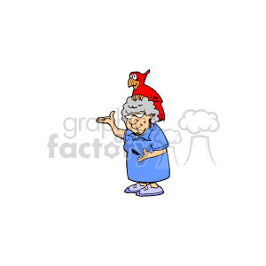 senior lady with a parrot on her head clipart.