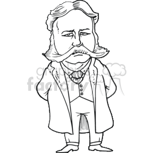This is a black and white clipart image of Chester A Arthur, with a distinctive mustache and sideburns and wearing 19th-century attire.