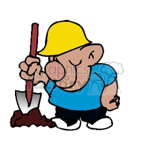 clipart - Little man in a hard hat digging with a shovel.