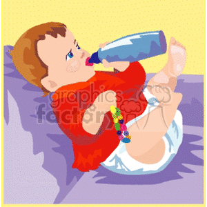 Baby on a bed drinking a bottle