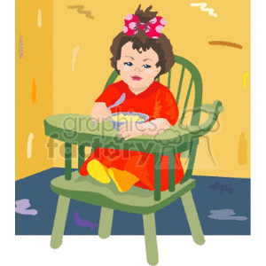 clipart - Toddler girl in a red dress with a bow in her hair eating in her high chair.