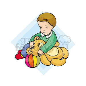 Little boy with ball with arm around a teddy bear
