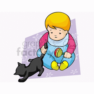 clipart - Little baby with a rattle in its hand pulling the tail of a kitten.