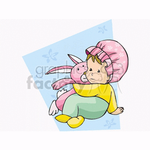 clipart - Baby hugging a pink bunny.