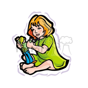 Little girl in a green dress playing with a barbie doll clipart. Royalty-free image # 159016