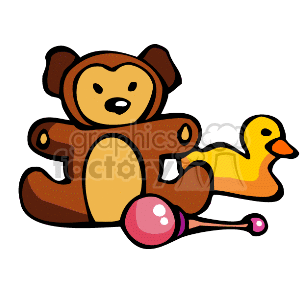 The image shows a collection of colorful children's toys. It features a brown teddy bear with a friendly face, a yellow rubber duck with an orange bill, and a pink rattle with a handle. These items are typical playthings associated with young children or infants.