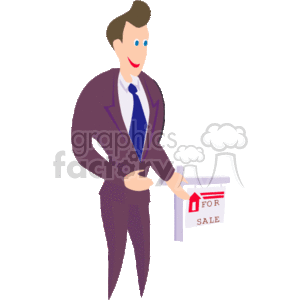 The clipart image features a cartoon of a man dressed as a realtor, standing next to a For Sale sign. The man is depicted in professional attire, wearing a dark suit with a blue tie. He has a welcoming expression on his face, which suggests he might be ready to assist with a property sale.