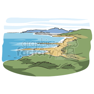 This clipart image depicts an ocean view from the coast. The scene includes a sandy beach with some vegetation in the foreground, calm blue ocean waters, and a clear sky with a few clouds. The setting appears tranquil and natural, suggestive of a coastline that might be found along the East Coast.