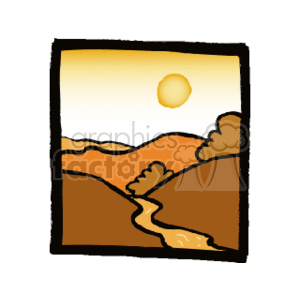 The clipart image depicts a stylized representation of a landscape scene. There are two prominent mountains with a winding path or trail leading down between them. The sky occupies the upper portion of the image, featuring a gradient from light to darker yellow, representing sunshine or sunset. A sun is depicted in the upper center of the image.