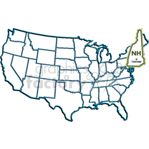 The image is a clipart representation of the United States map with state boundaries delineated. There is an emphasis on the state of New Hampshire, highlighted in the northeast region of the map with the abbreviation NH and a checkmark symbol indicating selection or identification.