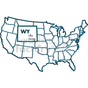 The clipart image shows a stylized outline map of the United States of America with a focus on the state of Wyoming (WY). Wyoming is highlighted and marked with a box that contains the state abbreviation WY and presumably its capital, Cheyenne, though only a partial view of the word is visible.