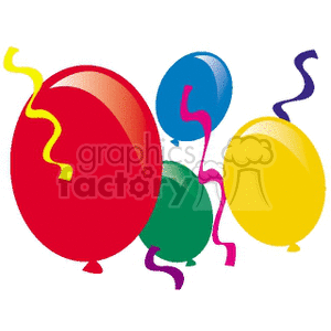 The image shows a group of brightly colored balloons with ribbons, including one red balloon with a yellow ribbon, one yellow balloon with pink 
