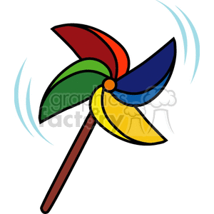 The clipart image depicts a cartoon-style pinwheel,  also called a windmill, that spins in the wind. It is red, blue, yellow and green with a brown handle

