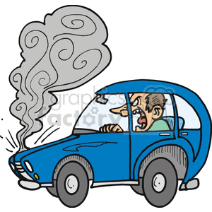 car cars automobile transportation driving steam smoke trouble problems Clip Art Transportation Land overheat overheating mad upset man guy person blue engine broke broken+down issues