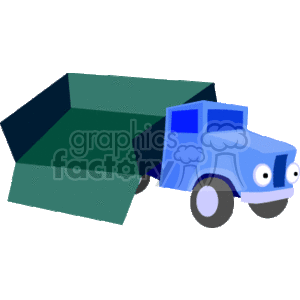 This clipart image depicts a blue cartoon-style dump truck. The truck's bed is tilted, suggesting that it is in the process of unloading material. The illustration is simplistic and stylized, suitable for use in educational materials, children's books, or similar applications.