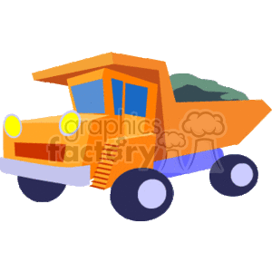 This clipart image depicts a cartoon-style illustration of a heavy-duty dump truck commonly used in construction. The truck is depicted with large wheels, a front-facing cabin, and a rear dump body filled with what appears to be earth or rubble, suggesting it is engaged in transportation work on a construction site or in a similar setting.